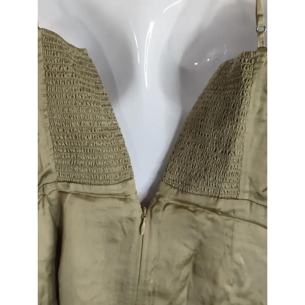 Aritzia Wilfred‎ Tan Skye Satin Spaghetti Strap Smocked Soft Mini Dress Womens 2